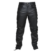 MENS LACED BLACK LEATHER COWHIDE MOTORCYCLE MOTORBIKE JEANS TROUSERS 