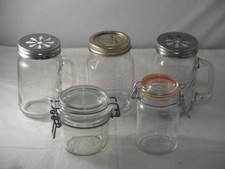 5 Glass Storage Jars 3 Screw Top ( Kilner ) 2 Lever Clamp Tops 9cm to 13cm High