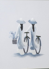 Framed Vietnamese Silk Embroidery Figures with Bicycle Green Frame