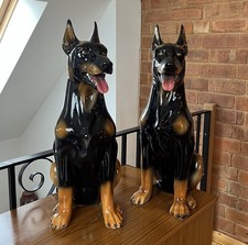 Pair Of Boxer Ceramiche Seated Doberman Dogs Ceramic Figures Statues Italian