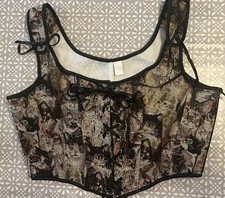 KUOSE Women's Corset Top Lace Up Front Side Zip Cat Pattern 2XL UK 14-16 CG T03