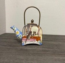 Vintage Miniature Teapot with cute cat looking in mirror multi coloured