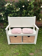 White Storage Bench with Sisal Baskets.Hallway Bench with Seat