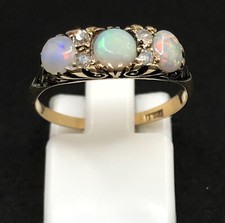 Antique 18ct gold natural opal & diamond ring, three stone, UK size Q, new