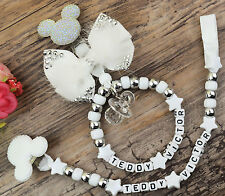 Set of 2 Personalised stunning minnie mouse dummy clip + Pram charm white