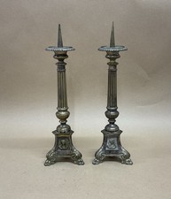 Pair Of Brass Antique Pricket Candlesticks Ecclesiastical 37cm