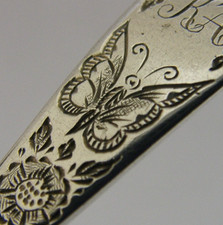 PRETTY BUTTERFLY ENGRAVED ENGLISH ANTIQUE STERLING SILVER SPOON 1889 ANTIQUE