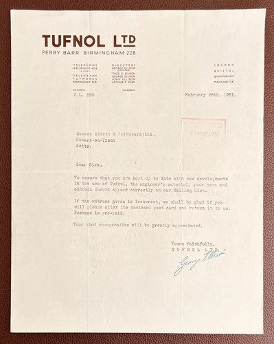 1951 tufnol ltd letter - 1951, ltd.