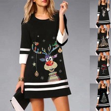 UK Womens Christmas Reindeer XMAS PRINT Party Women Mini Shirt Dress PLUS SIZE