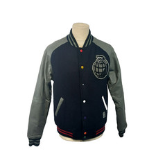 Trainer Spotter Bomber Jacket Mens Small Navy Grey Wool Leather Varsity Baseball