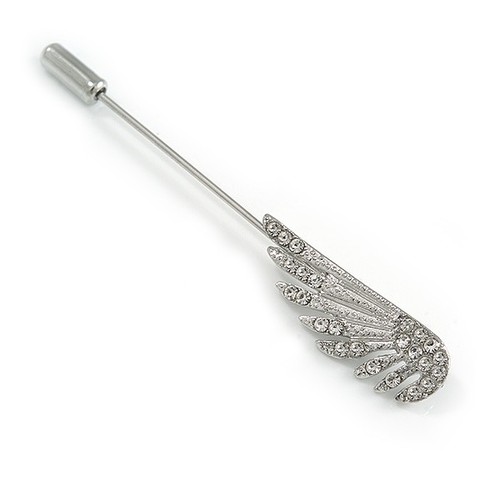 Silver tone clear crystal wing - silver,