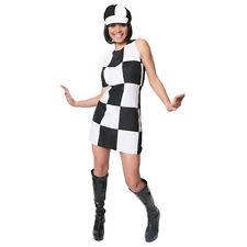 WHITE AND BLACK 60S 70S PARTY GIRL FANCY DRESS COSTUME LADIES SHIFT DRESS & HAT