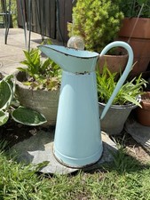 Vintage Enameled French Jug Large Blue Pitcher Rustic Farmhouse Style