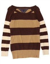 TOMMY HILFIGER Womens Boat Neck Jumper Sweater UK 12 Medium Brown Striped LV09