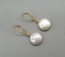 9ct Yellow Gold Pearl Earrings 9K Drop Dangle Cultured Coin Pearl Leverback Hook