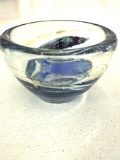 Vintage 70s Isle of Wight Small Glass Studio Bowl with Blue Swirls with Gold. 