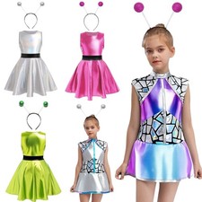 UK Girls Alien Costume Shiny Metallic Dress w/Headband Halloween Party Outfits