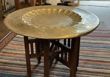 Vintage Indian Brass Folding Tray Table With Hunting Scenes And Mughal Figures