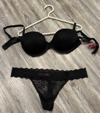 La Senza Black Snowflake Lace REMIX Padded Underwire Bra 38B & Thong XL 2 Pc Set