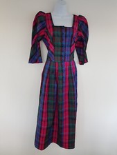 Vintage Dress Silk Pink Blue Green Midi Long Check Tartan Size 10 Button Front