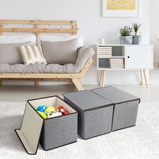 SET Of 3 Foldable Canvas Storage Boxes Folding Fabric Clothes Basket with Lid UK