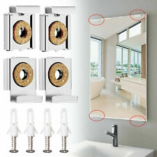 4X Bathroom Frameless Mirror Glass Unframed Wall Hanging Fixing Clips Kit Chrome