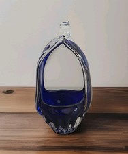 Vintage Murano-Style Cobalt Blue & Clear Glass Basket Bowl with Handle