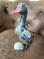 Vintage Hand Carved Hand Painted Standing Duck With Egg Ornament - Dutch 1980s