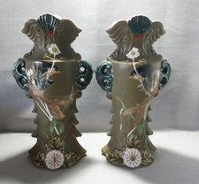 A Pair Of Antique Japanese Art Nouveau Style Porcelain Vases c1900 Nature Mantle
