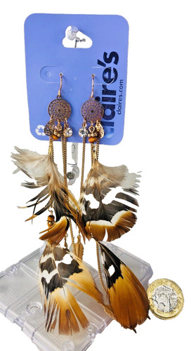 Earrings gold long feather - earrings,