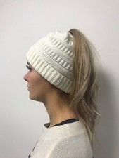 Cream Ladies Pony Tail Beanie