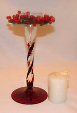Candlestick Candle Holder Glass Red & Clear Long Stemmed + Wax Candle