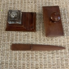 Vintage Italian Leather 3-piece Executive Desk Set   Brown With Gold Trim