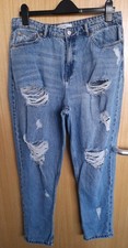 PRIMARK WOMENS BLUE DENIM MOM RIPPED DISTRESSED JEANS SIZE 16
