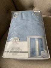 Divante Chatsworth Eyelet Curtains Natural Linen Look Blue 90 x 90" NEW