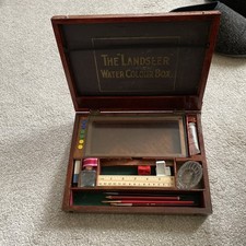 Landseer Watercolour Wooden Box With Glass Plate Cover And Glass Water Pot