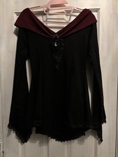 Stunning Punk Rave Off Shoulder Red And Black Stretch Brooch Lace Top 14 Xl Goth