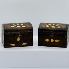 Pirates Chest Trinket Boxes x-2 With Inlaid Brass & Mother Of Pearl - Red Velvet