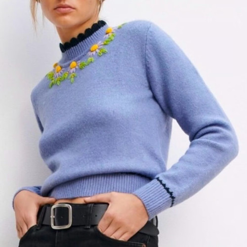 Floral knit high neck sweater