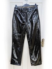 Black PVC Crinkle Patent Trousers Vinyl Faux Leather, UK 14