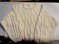 Cream Pure Wool Aran Cable Hand Knit Jumper  Approx 3XL Chunky Fisherman 
