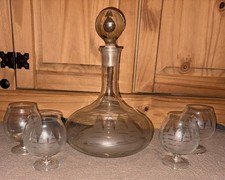 Vintage Glass Etched Decanter & Stopper With Ship Design + 4 Small Glasses