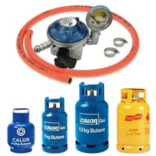 BUTANE GAS BOTTLE REGULATOR WITH PRESSURE GAUGE 1m ORANGE HOSE 28mbar CLIP ON