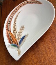Sam & Squito Handpainted Bone China Feather Dish Jenny Ward 13” Tear-Drop Shape
