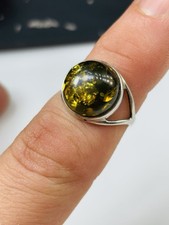 Silver ring UK size K with faux green amber