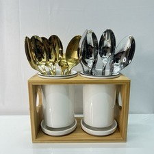 Ceramic Spoon Holder with Bamboo Stand Kitchen Utensil Organizer & Spoon Rest