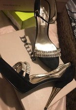 Dune Black Suede Platform Sandals With Diamante  Studs And Silver Heels UK5