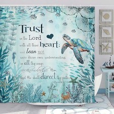 Beach Sea Turtle Bible Verse Shower Curtain, Cool Turtle on Blue Teal Coastal 