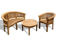 Teak Garden Set - Wimbledon Banana Bench, Armchair & Oval Coffee Table