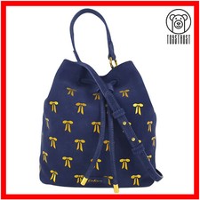 Cath Kidston Bow Bucket Cross Body Bag Drawstring Handbag Suede Navy Blue CO84